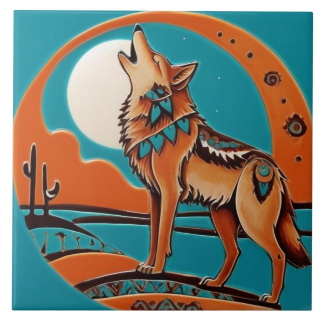 Wolf Howl Southwestern Southwest Orange Turquoise Tile (Front)