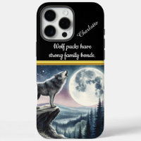 Wolf howling at a full moon in a serene forest