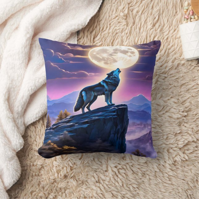 Wolf Howling at Full Moon Over Mystic Mountains Cushion (Blanket)
