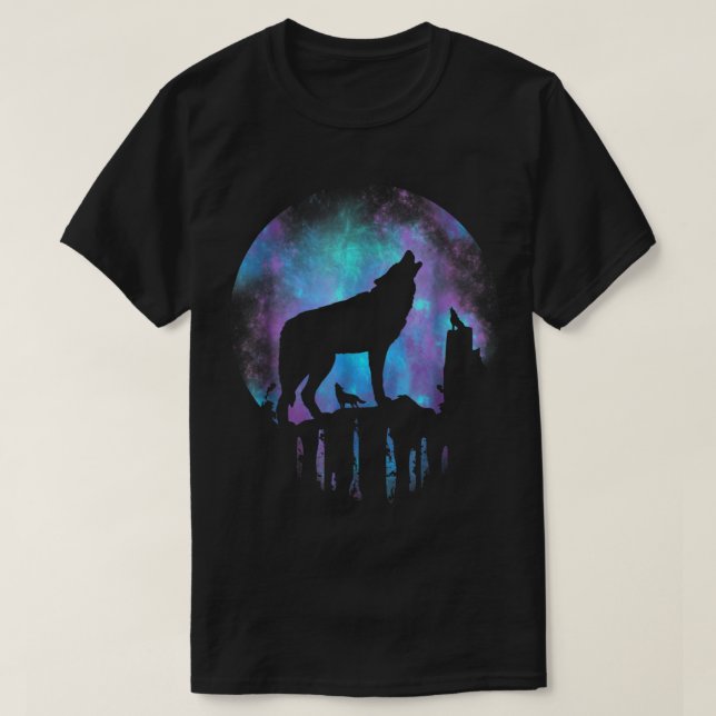 Wolf Howling at Galaxy Moon Art T-Shirt (Design Front)