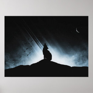 Wolf Howling At Moon At Night - Poster