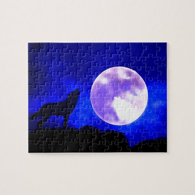 Wolf Howling at Moon Blue Night Artwork Animal Art Jigsaw Puzzle (Horizontal)