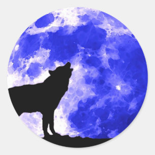 Wolf Howling at Moon Blue Night Classic Round Sticker