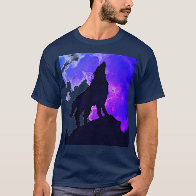 Wolf Howling at Moon Blue T-Shirt (Front)