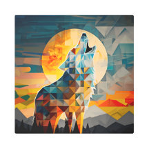 Wolf Howling at Moon Colourful Cubism