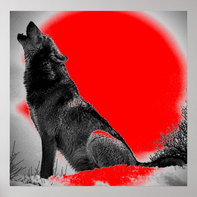 Wolf Howling at Moon Red Pop Art Poster (Front)