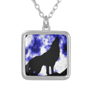 Wolf Howling at Moon Silver Plated Necklace