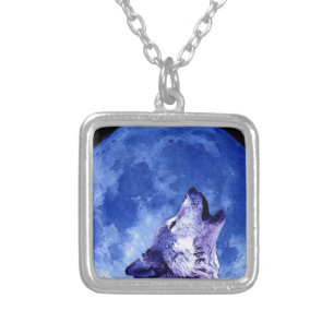 Wolf Howling at Moon Silver Plated Necklace