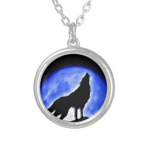 Wolf Howling at Moon Silver Plated Necklace