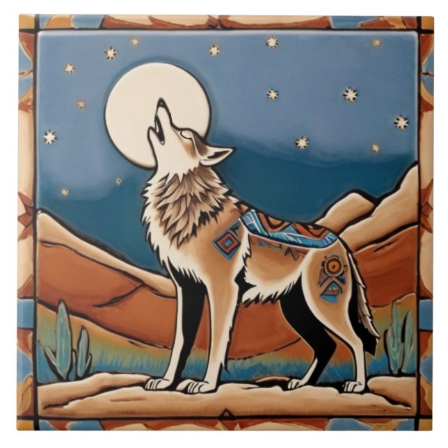 Wolf Howling at Moon Southwestern Style Southwest Tile (Front)