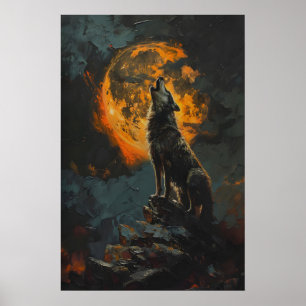 Wolf Howling at Orange Full Moon Printable Moody Poster