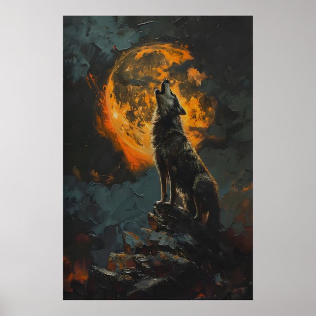 Wolf Howling at Orange Full Moon Printable Moody Poster (Front)