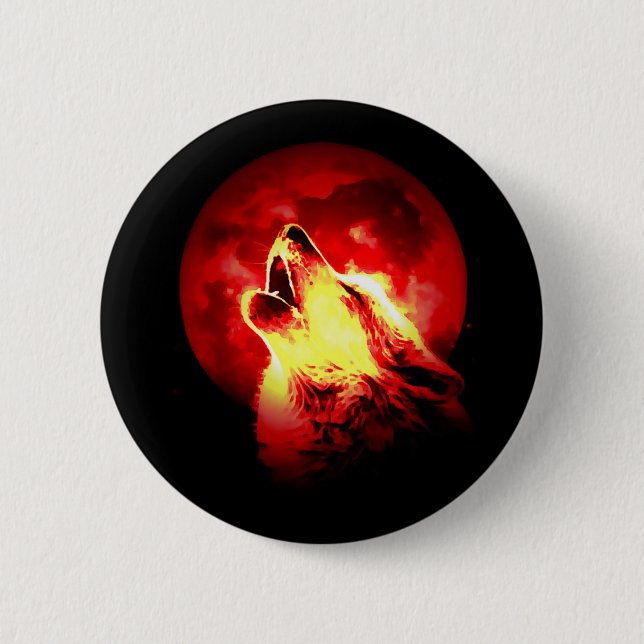 Wolf Howling at Red Night 6 Cm Round Badge (Front)