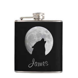 Wolf Howling at The Full Moon, Your Name Hip Flask