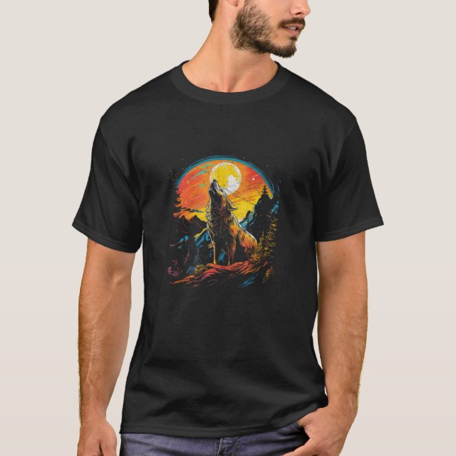 Wolf Howling At The Moon Bright Colourful Night Me T-Shirt (Front)