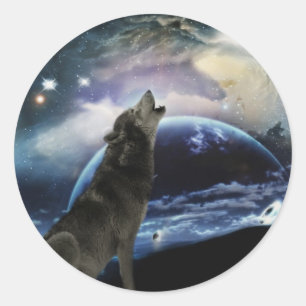 Wolf howling at the moon classic round sticker