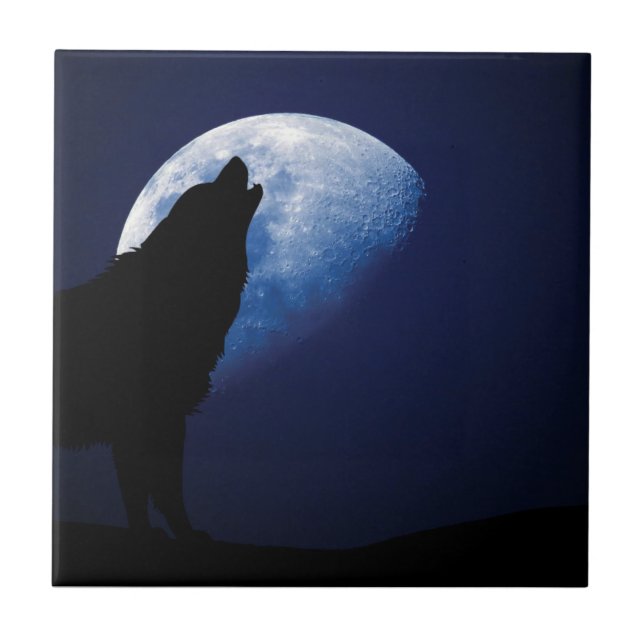 Wolf Howling at the Moon Decorative Tile (Front)