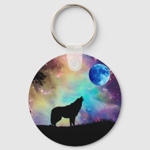 Wolf Howling at the Moon Galaxy Stars Animal Key Ring