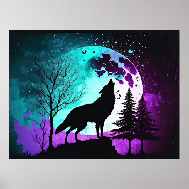 Wolf Howling at the Moon Galaxy Stars Animal Poster (Front)