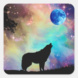 Wolf Howling at the Moon Galaxy Stars Animal Square Sticker