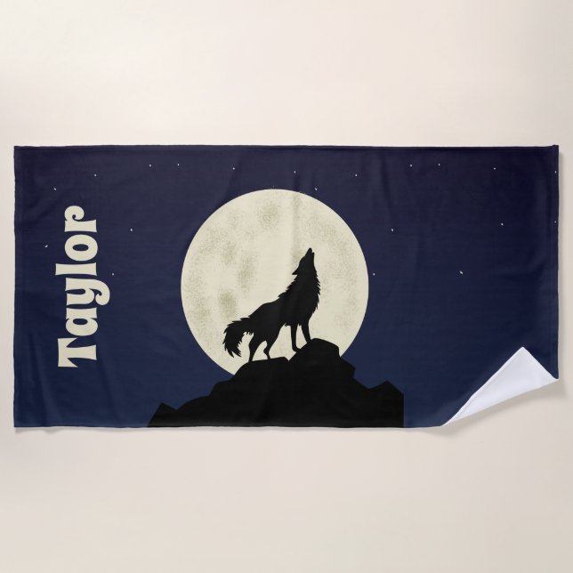Wolf Howling at the Moon Illustration Personalised Beach Towel (Front)