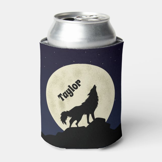 Wolf Howling at the Moon Illustration Personalised Can Cooler (Can Front)
