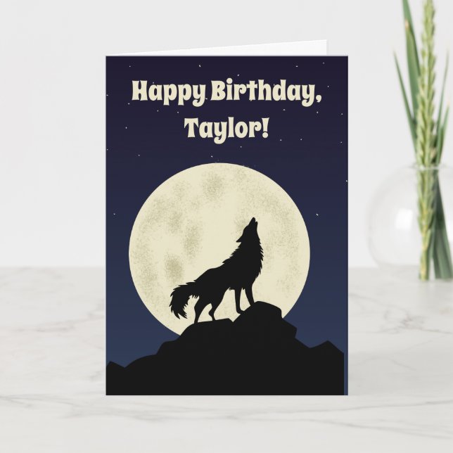 Wolf Howling at the Moon Illustration Personalised Card (Front)