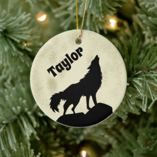 Wolf Howling at the Moon Illustration Personalised Ceramic Tree Decoration