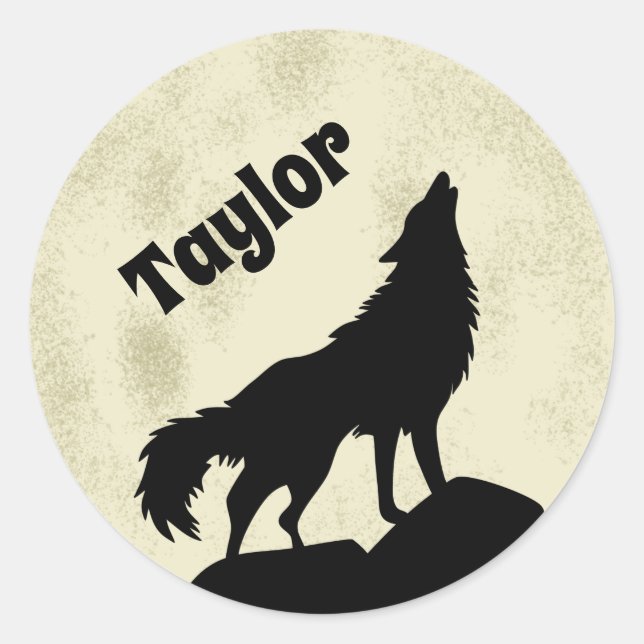 Wolf Howling at the Moon Illustration Personalised Classic Round Sticker (Front)