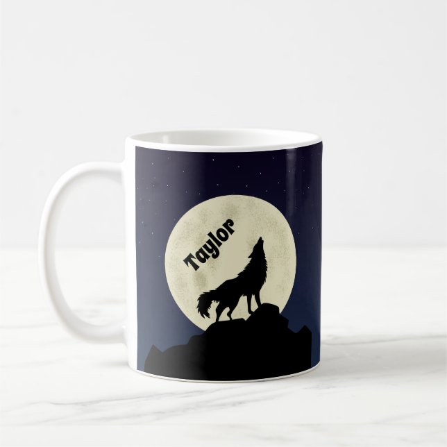 Wolf Howling at the Moon Illustration Personalised Coffee Mug (Left)