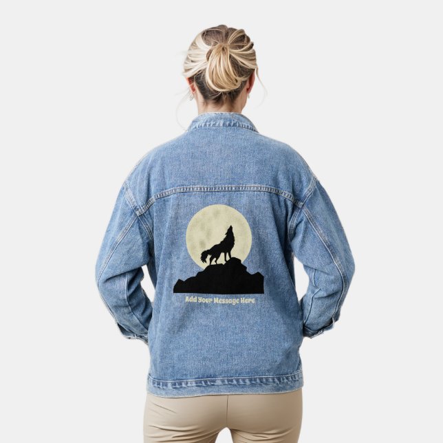 Wolf Howling at the Moon Illustration Personalised Denim Jacket (Model)