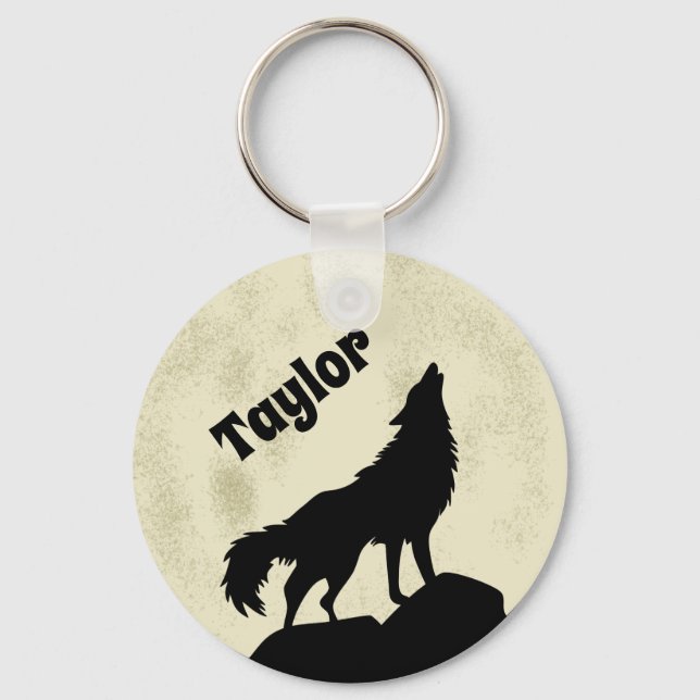 Wolf Howling at the Moon Illustration Personalised Key Ring (Front)