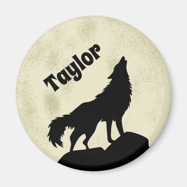 Wolf Howling at the Moon Illustration Personalised Magnet (Front)