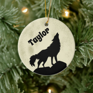Wolf Howling at the Moon Illustration Personalized Ceramic Tree Decoration