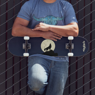 Wolf Howling at the Moon Illustration Personalized Skateboard