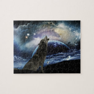 Wolf howling at the moon jigsaw puzzle