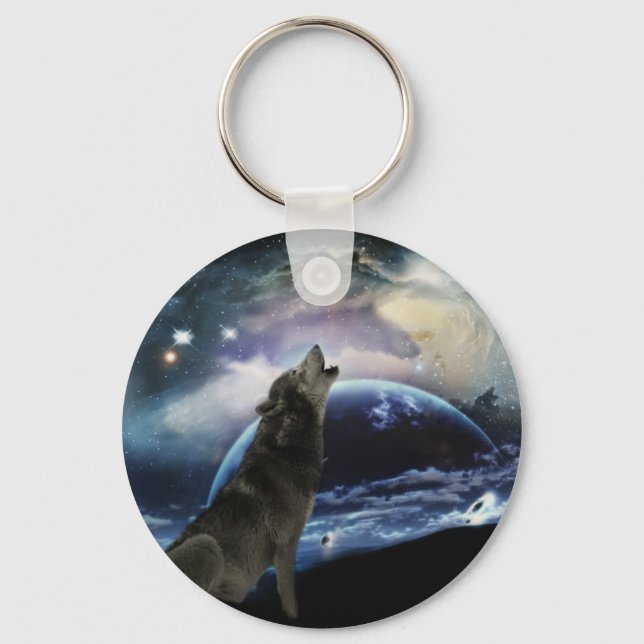 Wolf howling at the moon key ring (Front)