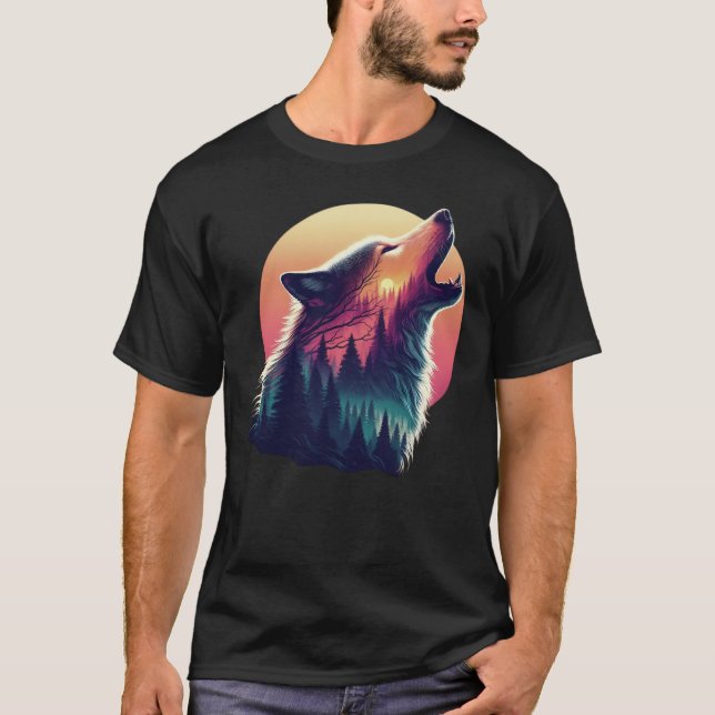 Wolf howling at the moon Night sky sunset forest T-Shirt (Front)