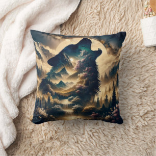 Wolf Howling at the Moon on a Cloudy Night Cushion