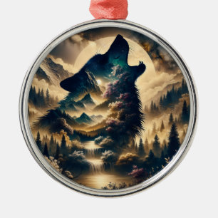 Wolf Howling at the Moon on a Cloudy Night Metal Tree Decoration