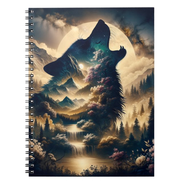 Wolf Howling at the Moon on a Cloudy Night Notebook (Front)