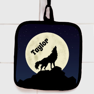 Wolf Howling at the Moon Personalised Pot Holder
