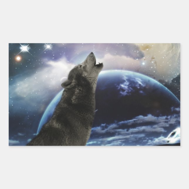 Wolf howling at the moon rectangular sticker (Front)