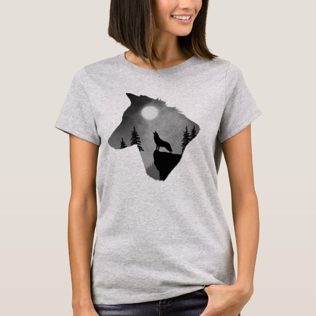 Wolf Howling at the Moon Silhouette T-Shirt (Front)