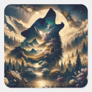 Wolf Howling at the Moon Square Sticker