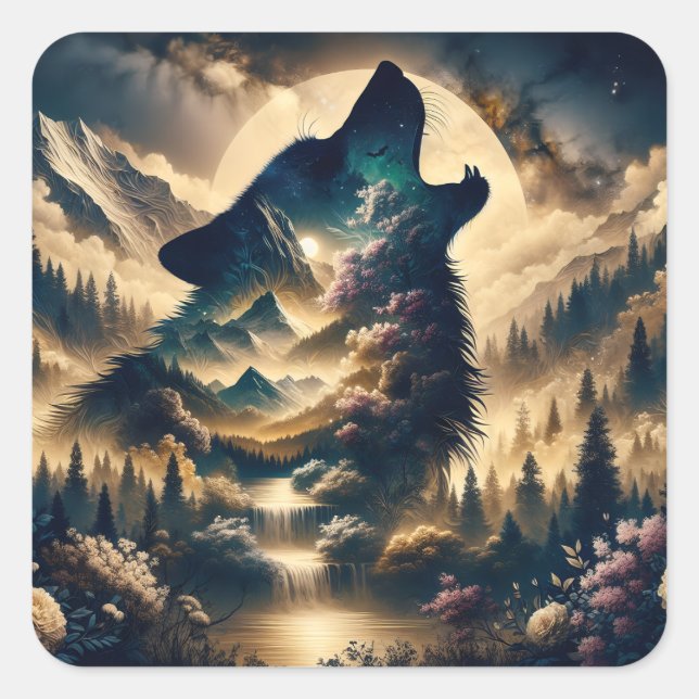 Wolf Howling at the Moon Square Sticker (Front)