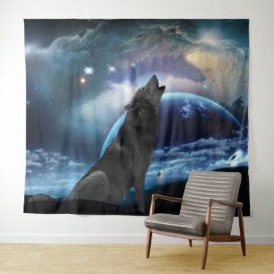 Wolf howling at the moon tapestry