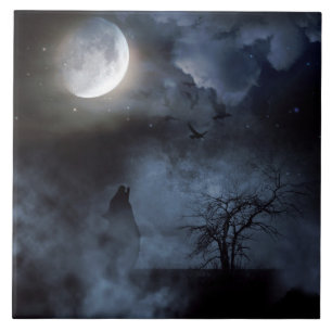 Wolf Howling at the Moon Tile