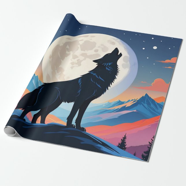 Wolf Howling At The Moon Wrapping Paper (Unrolled)