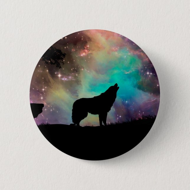 Wolf howling at the universe 6 cm round badge (Front)